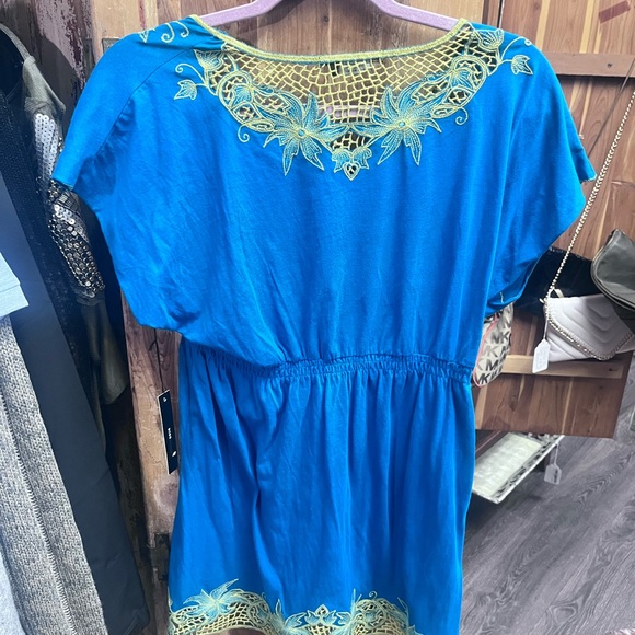 BCBGMaxAzria Teal Dress with Lime Crochet and Gold Embroidery - Picture 5 of 6